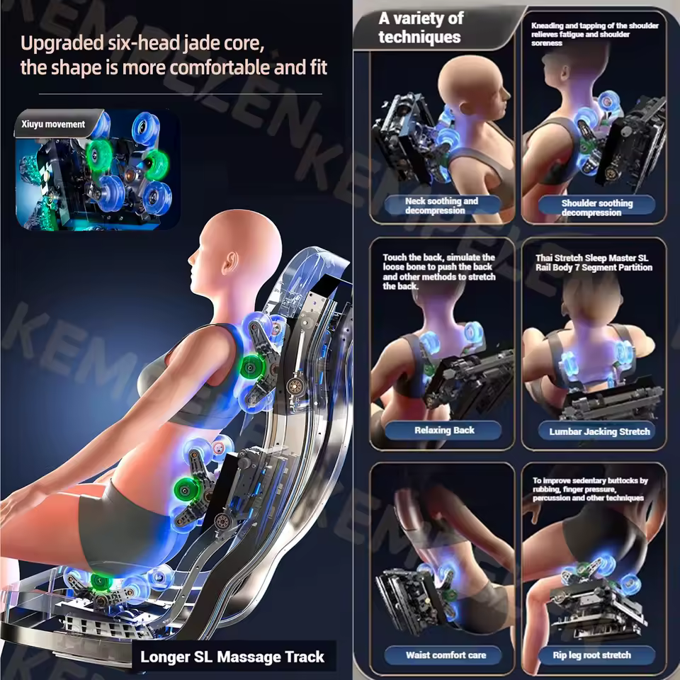 Schéma technique du mécanisme de massage SL Rail et 6 cœurs de jade